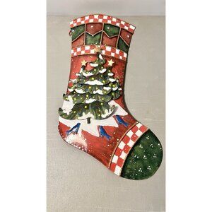 Metal Christmas Stocking Wall/Door Hanging Decor Christmas Tree & Blue Birds 17"